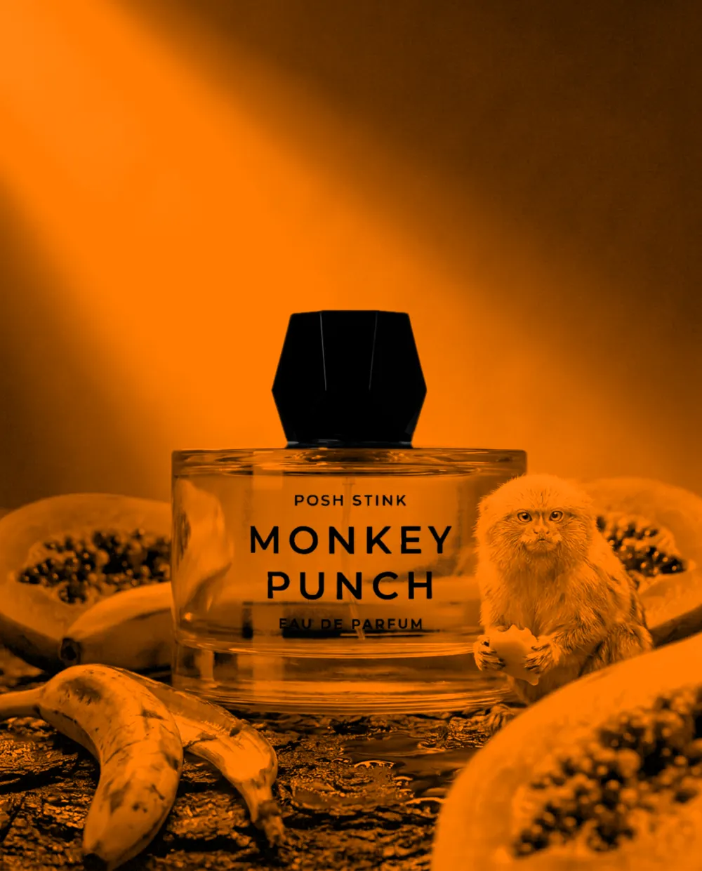 Monkey Punch by Posh Stink: a 100 ml bottle of eau de parfum photographed in the colour of its season