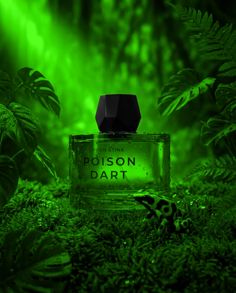 Poison Dart by Posh Stink: a 100 ml bottle of eau de parfum photographed in the colour of its season